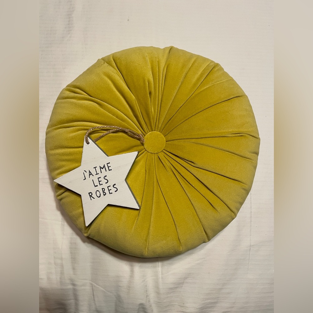Unique Round Marigold Yellow Accent Pillow, Velvet, Centered Buttons, Handmade